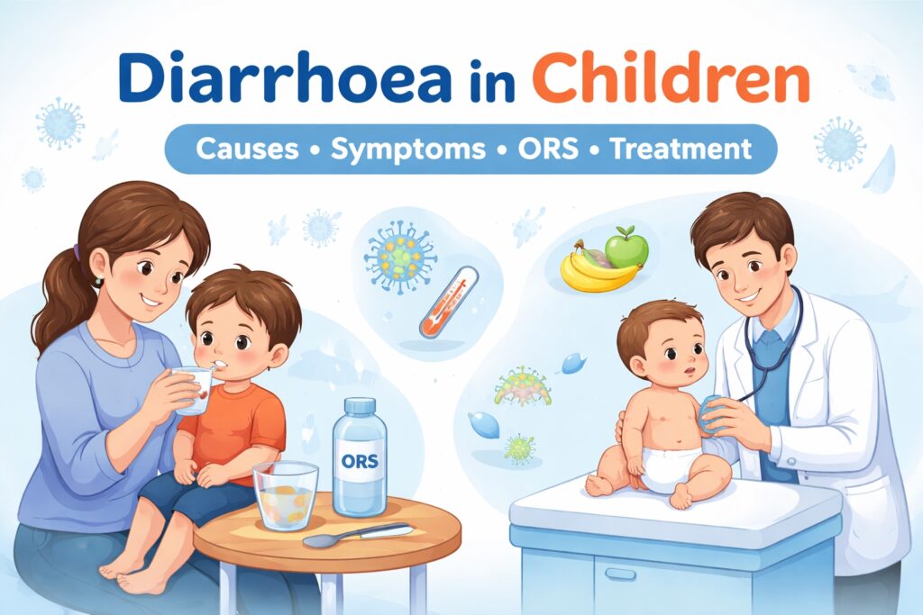 Diarrhoea in children showing oral rehydration solution and dehydration care